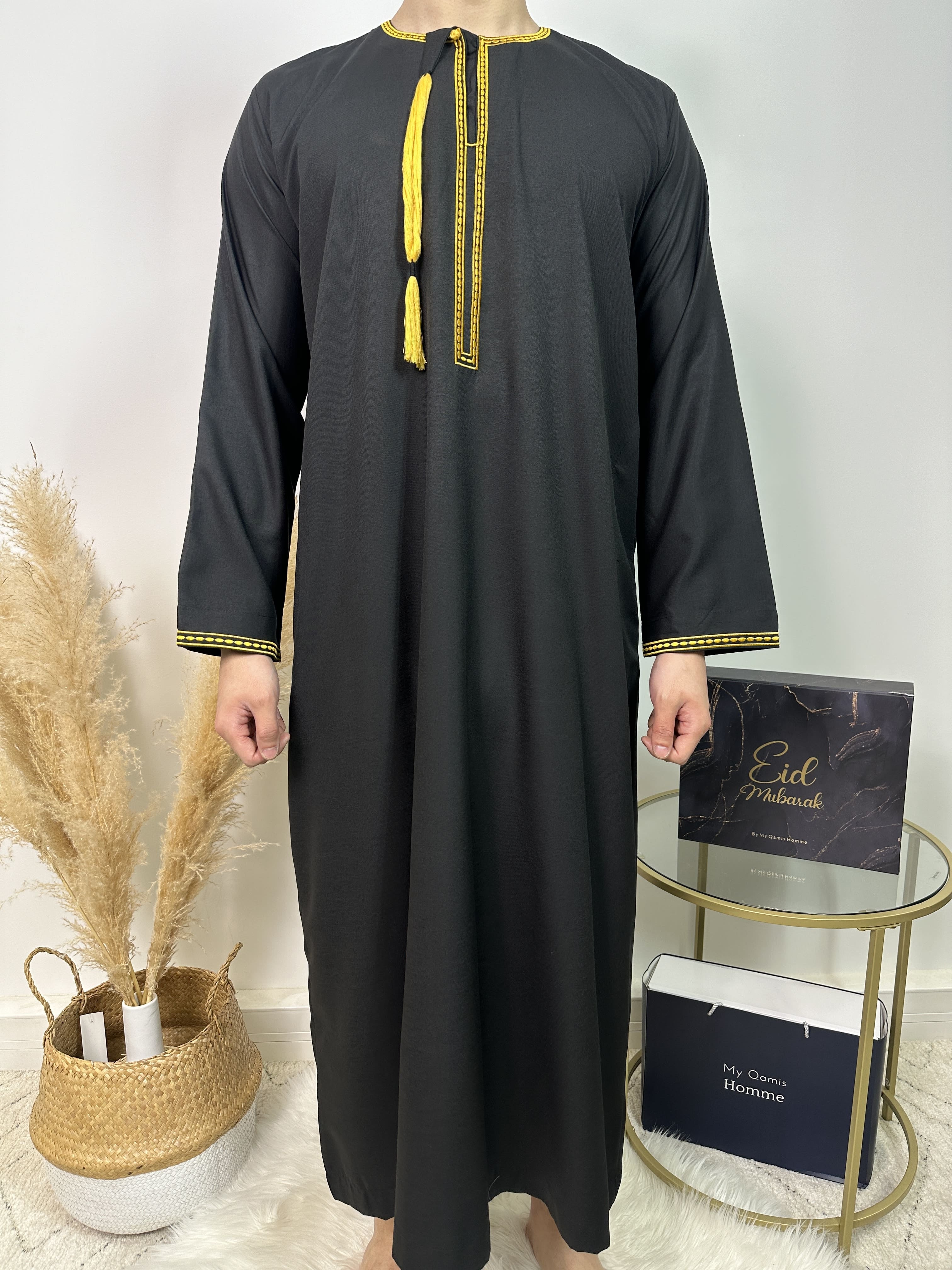 Hommes Djellaba En Coton Et Lin Couleur Unie Fente Manches Longues Col V Noir Noir