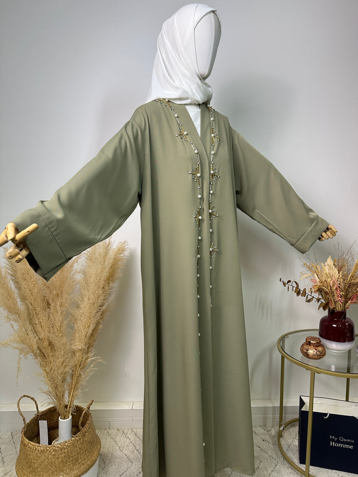 Abaya Kimono Fatima – Luxuskollektion – High-End-Abaya – Oliv-Khaki