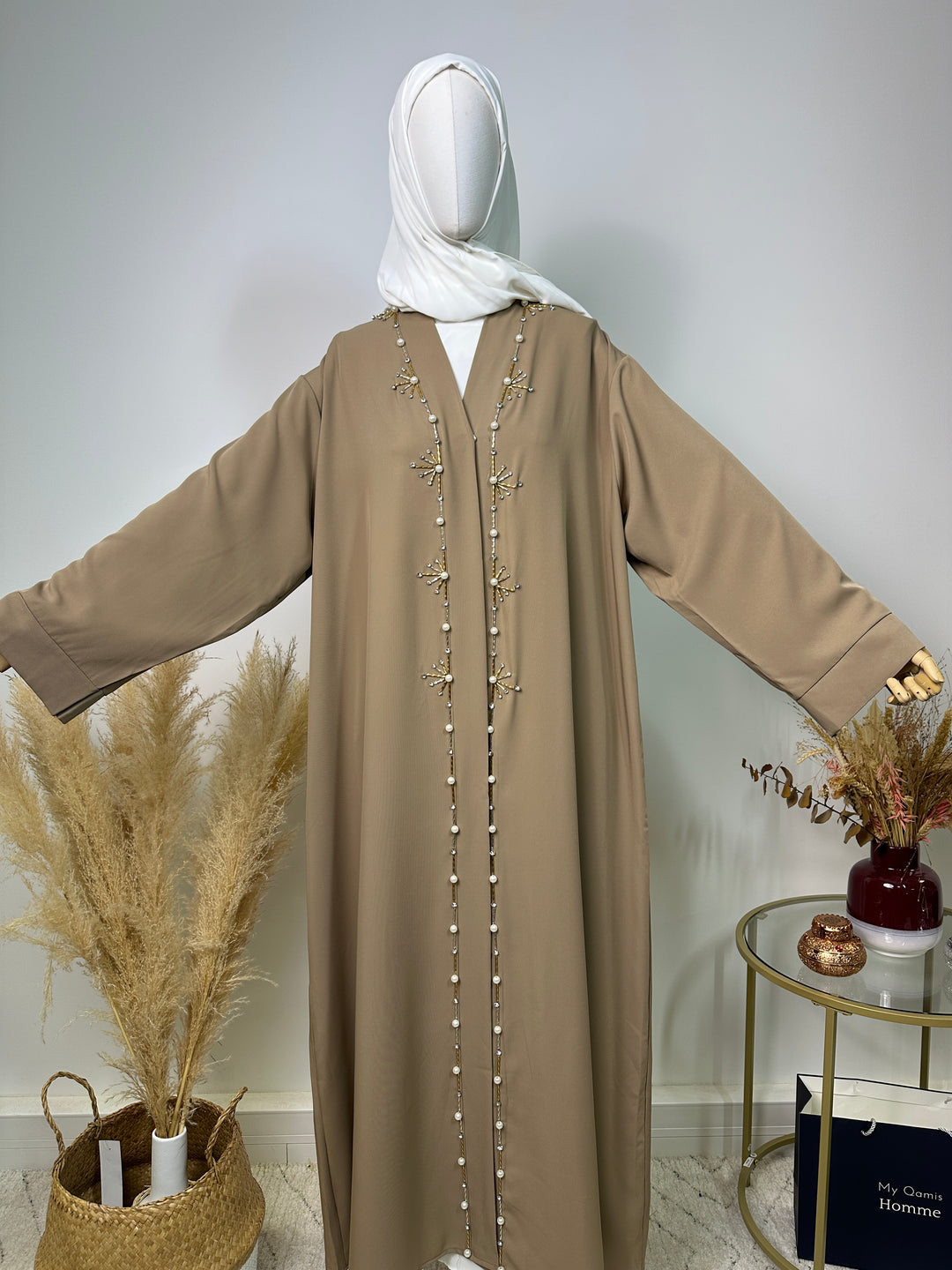 Abaya Kimono Fatima – Luxuskollektion – High-End-Abaya – Taupe