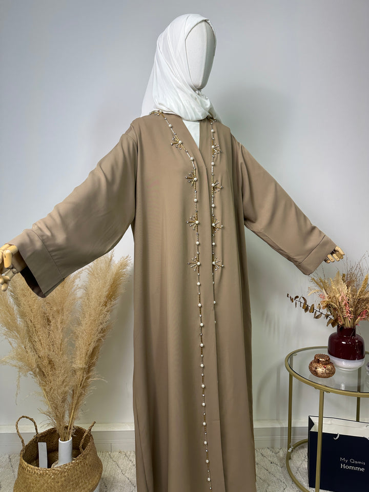 Abaya Kimono Fatima – Luxuskollektion – High-End-Abaya – Taupe