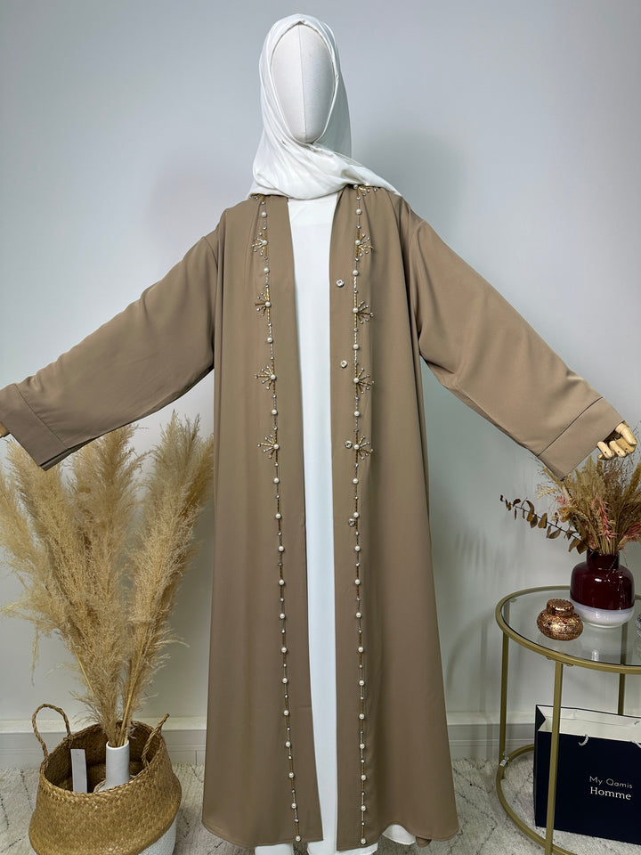 Abaya Kimono Fatima – Luxuskollektion – High-End-Abaya – Taupe