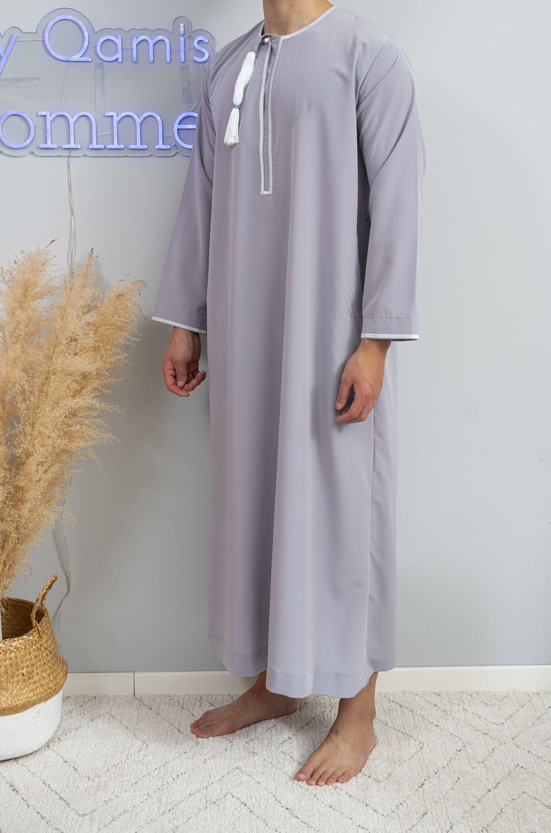 Qamis omanais al emad gris pour homme musulman