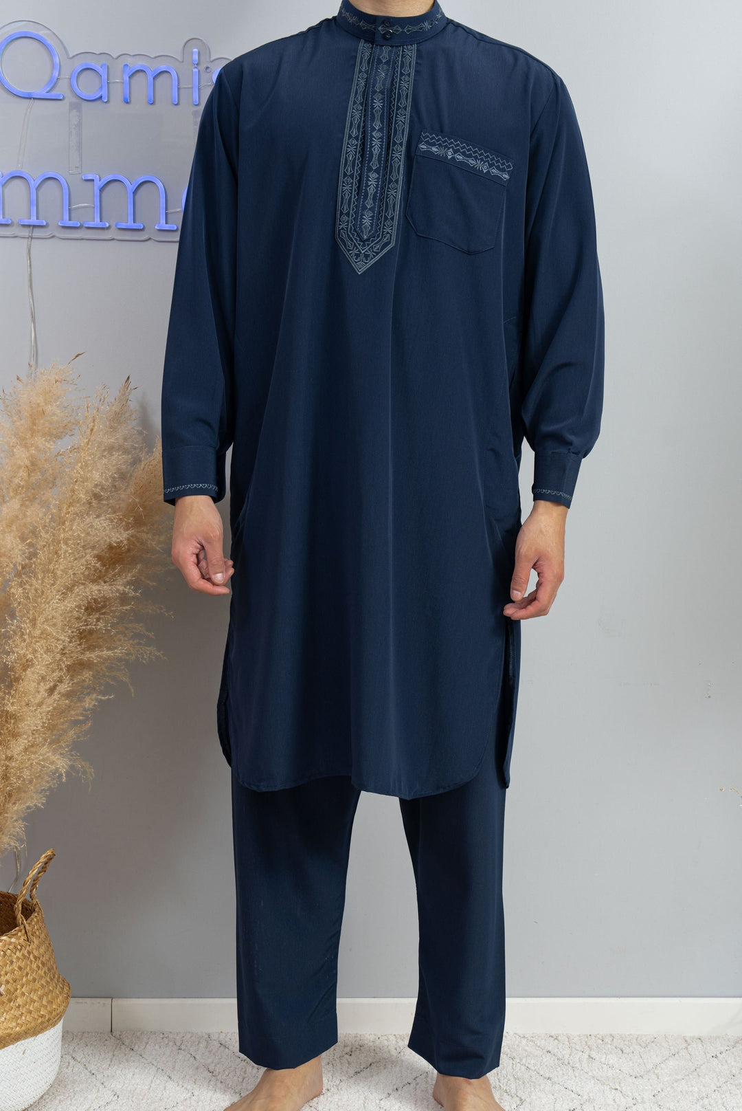 Ensemble qamis pakistanais bleu marine