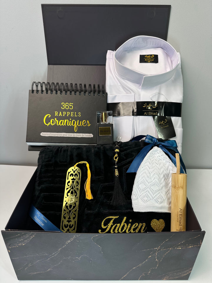 coffret cadeau qamis box pour l'Aïd avec tasbih, chechia, siwak, 365 rappels coraniques