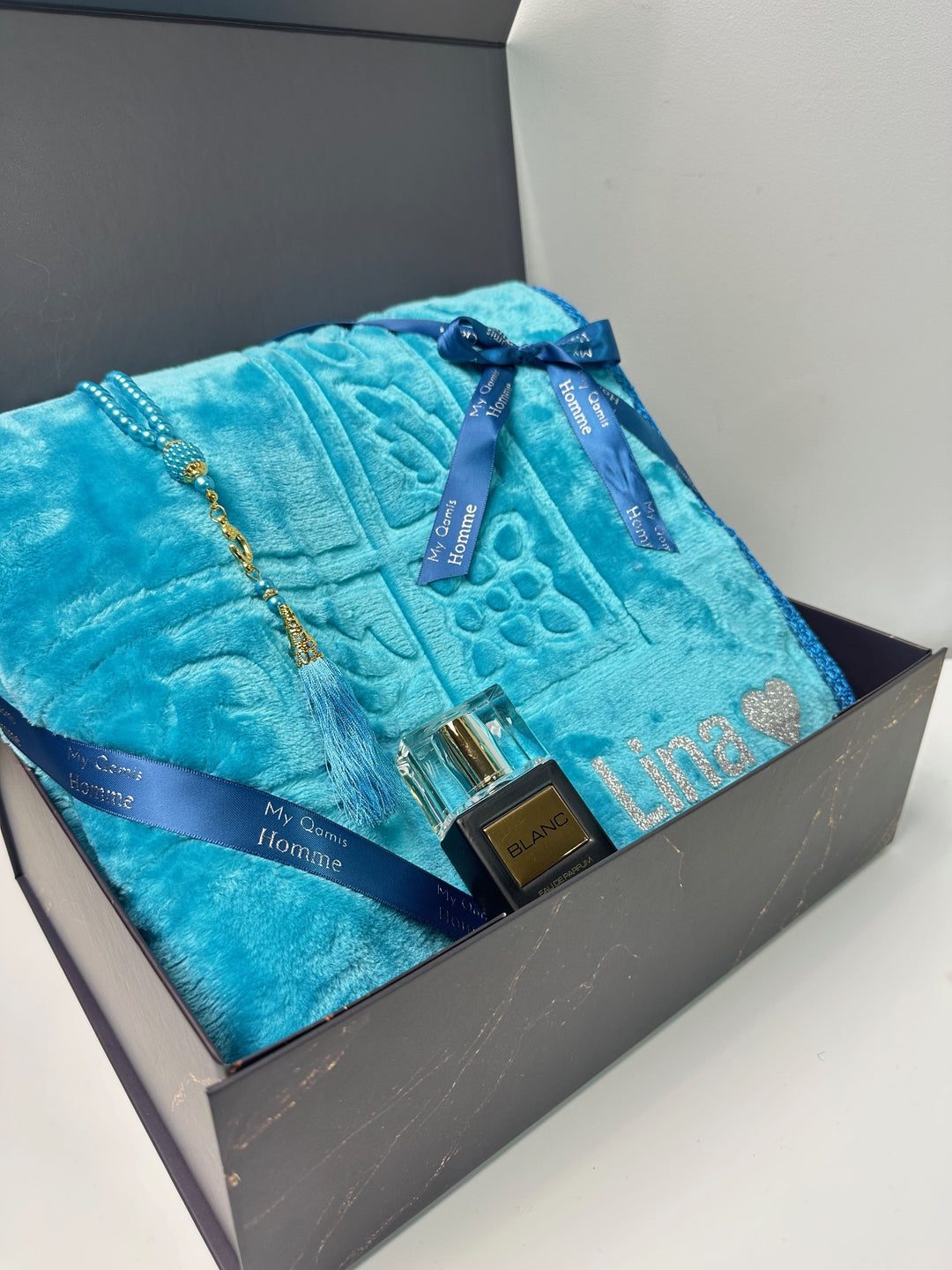 coffret tapis de prière bleu turquoise cadeau aîd et ramadan