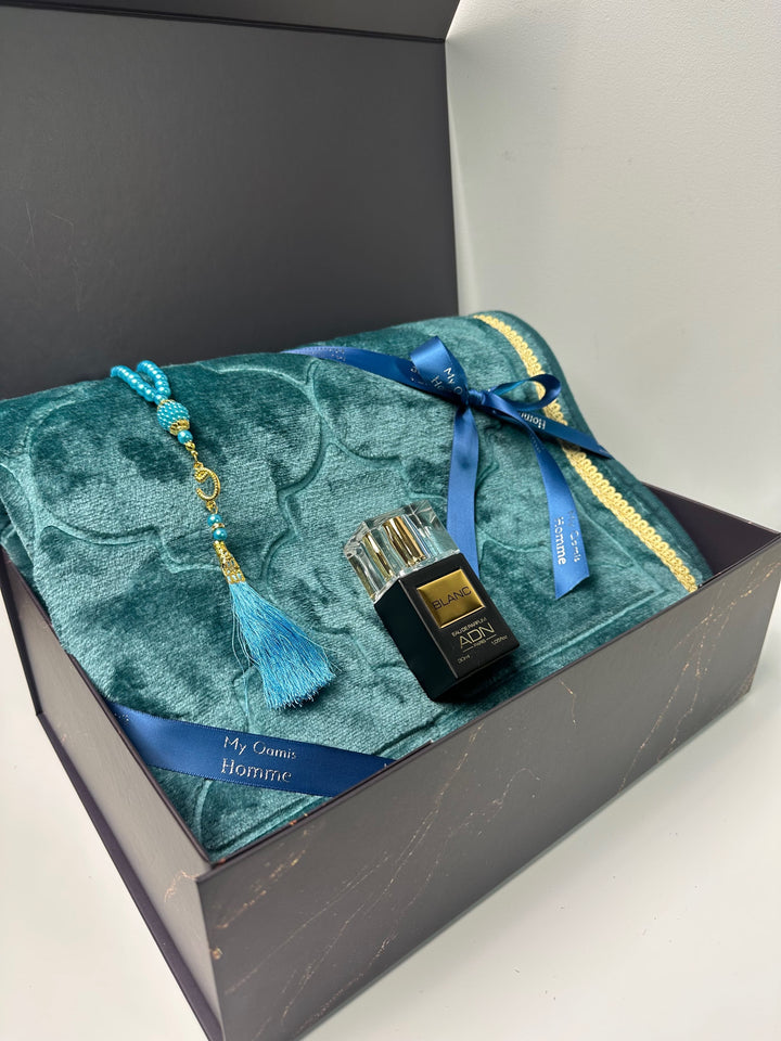 coffret tapis de prière bleu turquoise à offrir pour l'Aïd