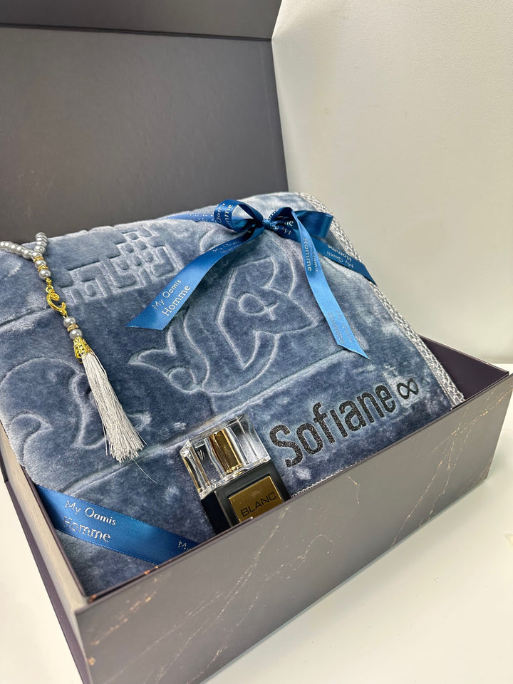 coffret tapis de prière gris cadeau aîd et ramadan