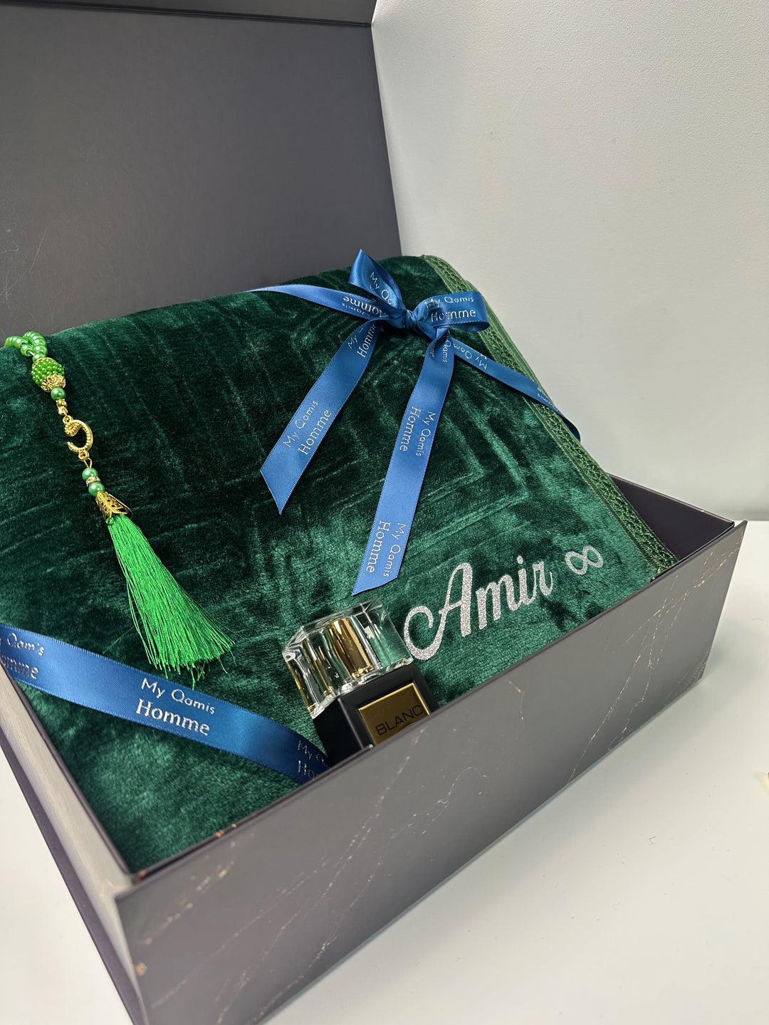 coffret tapis de prière vert cadeau aîd et ramadan