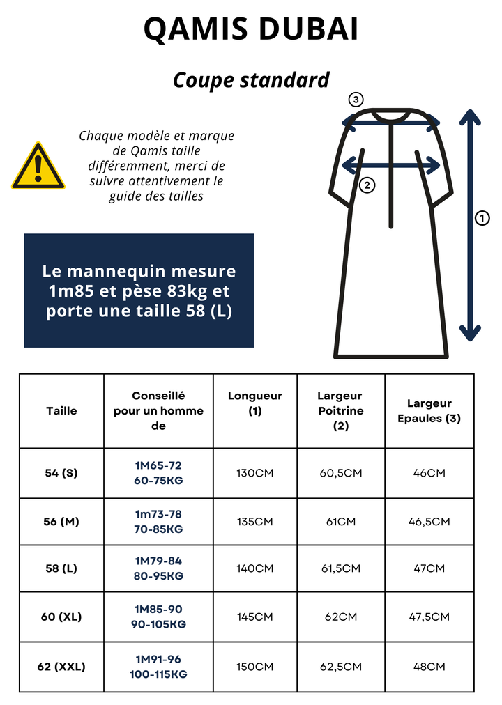 Tableau guide des tailles du qamis dubai avec les mensurations