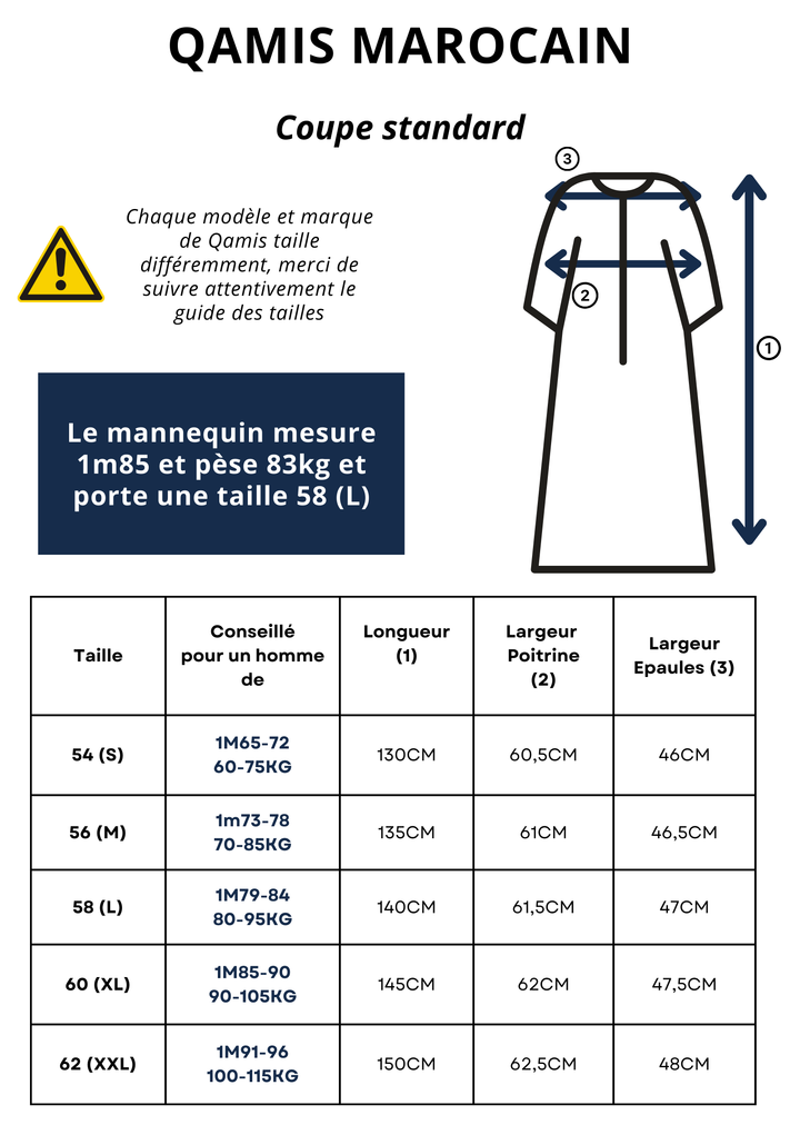 guide des tailles du qamis marocain avec mensurations