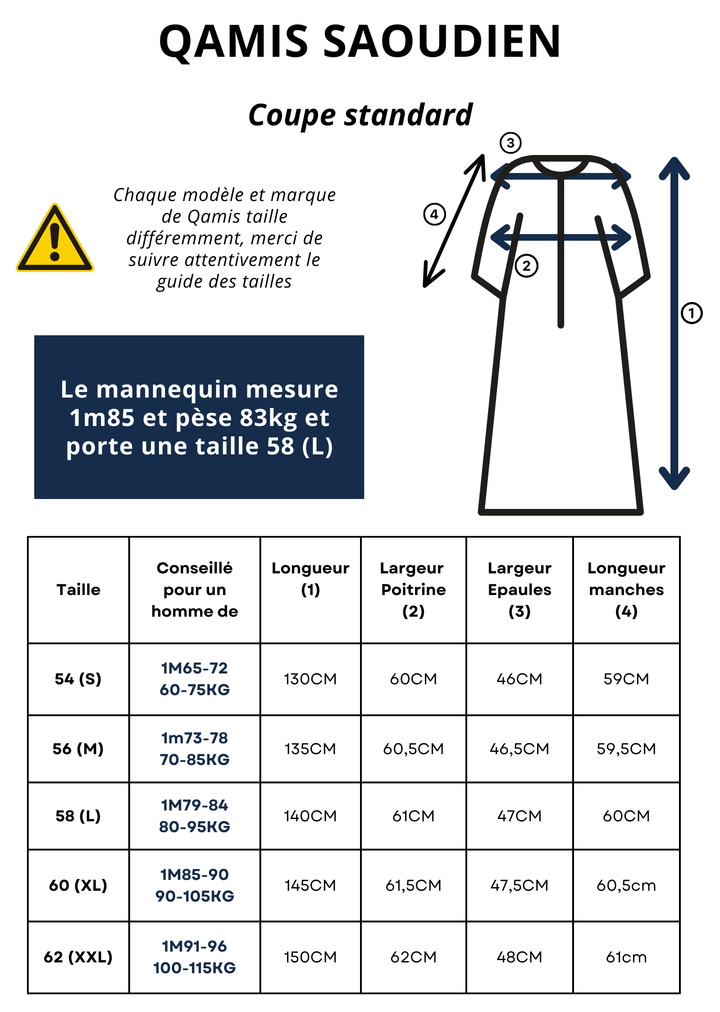 guide des tailles qamis saoudien avec mensurations