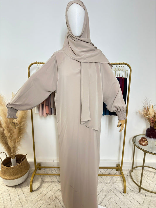 Abaya avec hijab intégré en Soie de Médine - Beige Taupe - My Qamis Homme