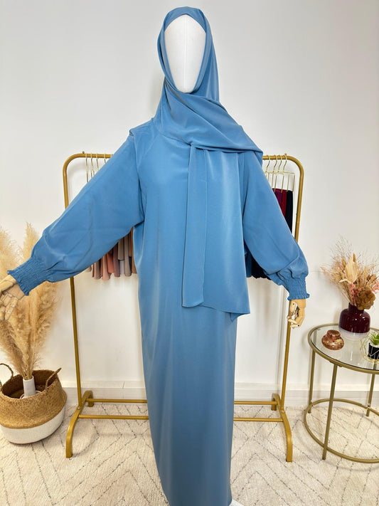 Abaya avec hijab intégré en Soie de Médine - Bleu - My Qamis Homme