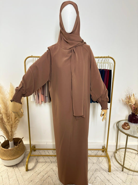 Abaya avec hijab intégré en Soie de Médine - Camel Marron - My Qamis Homme