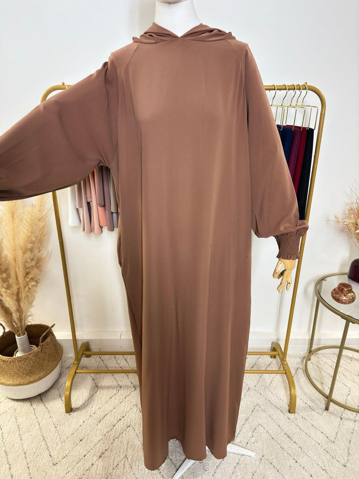 Abaya avec hijab intégré en Soie de Médine - Camel Marron - My Qamis Homme