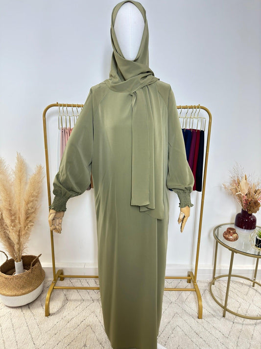 Abaya avec hijab intégré en Soie de Médine - Vert Kaki - My Qamis Homme