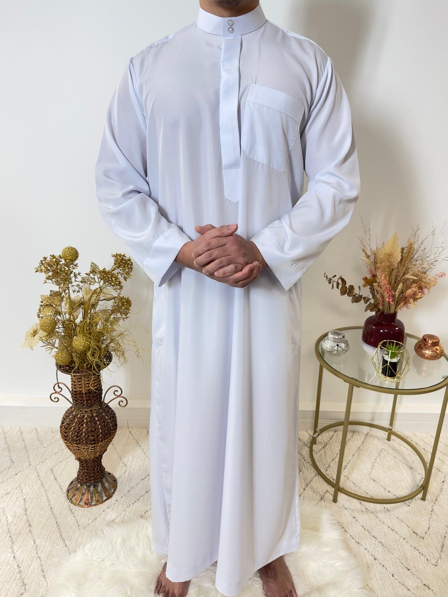 Qamis blanc à col saoudien - tenue traditionnelle pour homme musulman  Taille qamis hommes 60 Couleur blanc